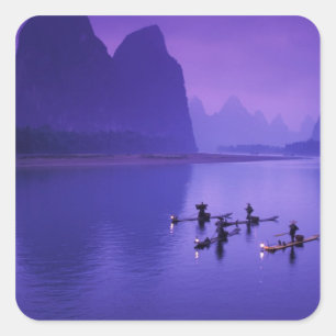 China, Li-rivier. Aalscholvervissers. Vierkante Sticker