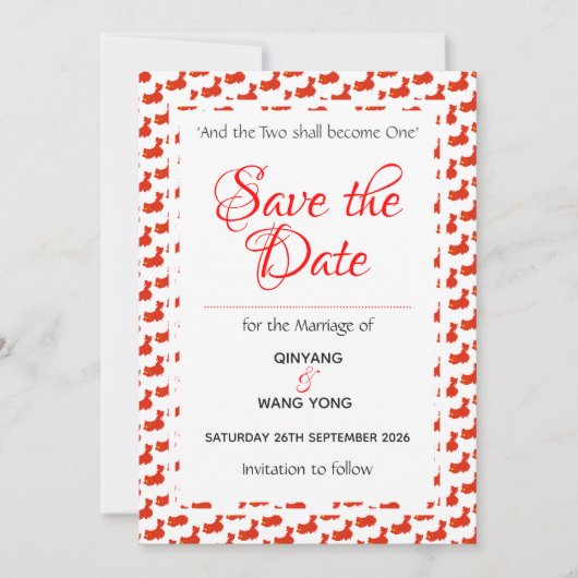 CHINA Patriottische traditionele bruiloft 婚礼 Save The Date (Voorkant)