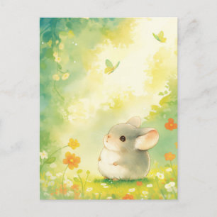 Chinchilla in zonnige bloementuin met vlinder briefkaart