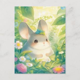 Chinchilla met Blauwe Bloemenkrans in Zonnige Tuin Briefkaart