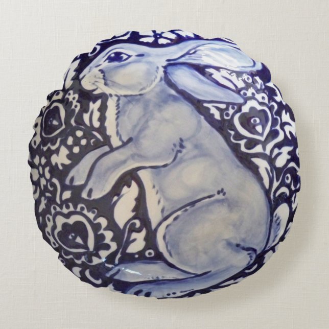 Chine Coussin de lapin bleu et blanc Porcelaine In (Devant)
