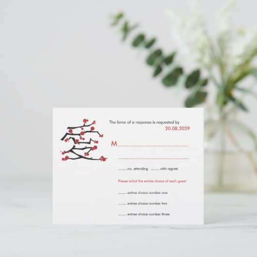 Chinees Ai Love Cherry Blossom Red Sakura Weddensc RSVP Kaartje (Staand voorkant)