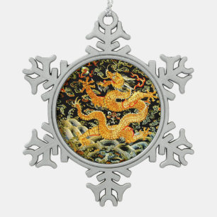Chinees antiek geborduurde gouden draak tin sneeuwvlok ornament