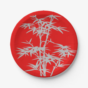 Chinees bamboe op het rode Chinese dinerfeest Papieren Bordje