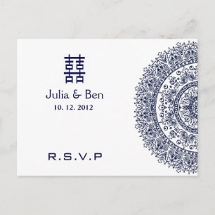 Chinees blauw wit porselein dubbel geluk RSVP Uitnodiging Briefkaart
