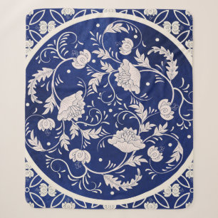 Chinees Bloemen Ronde: Blauw Waterverf  Sherpa Deken