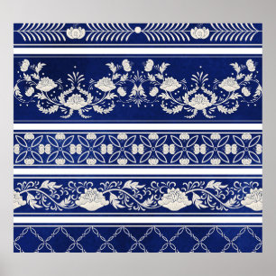 Chinees Bloemenblauw:  Waterverf grenzen Poster