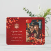 Chinees bruiloft dubbel geluk Cherry Blossom Save The Date (Staand voorkant)