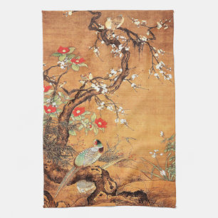 Chinees-Chinese inktkunst met vuurvaste en camelli Theedoek