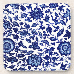 Chinees Donker marine blauw bloemmotief op wit Bier Onderzetter