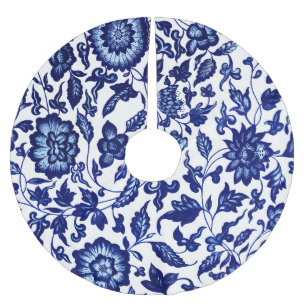 Chinees Donker marine blauw bloemmotief op wit Kerstboom Rok