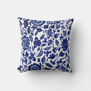 Chinees Donker marine blauw bloemmotief op wit Kussen