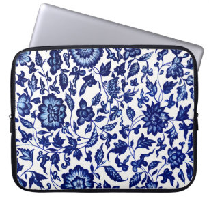 Chinees Donker marine blauw bloemmotief op wit Laptop Sleeve
