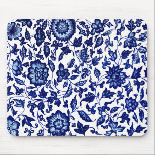 Chinees Donker marine blauw bloemmotief op wit Muismat