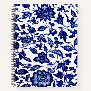 Chinees Donker marine blauw bloemmotief op wit Notitieboek