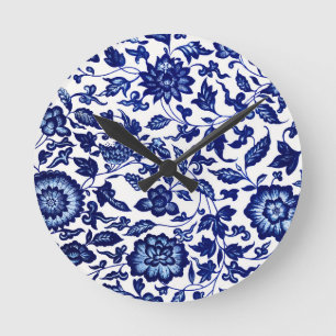 Chinees Donker marine blauw bloemmotief op wit Ronde Klok