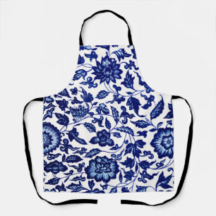 Chinees Donker marine blauw bloemmotief op wit Schort