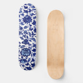 Chinees Donker marine blauw bloemmotief op wit Skateboard (Voorkant)