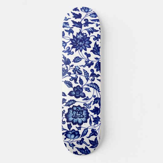 Chinees Donker marine blauw bloemmotief op wit Skateboard (Voorkant)