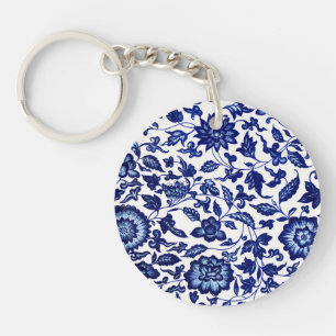Chinees Donker marine blauw bloemmotief op wit Sleutelhanger
