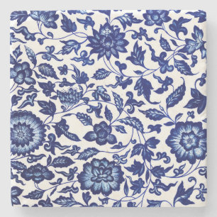 Chinees Donker marine blauw bloemmotief op wit Stenen Onderzetter