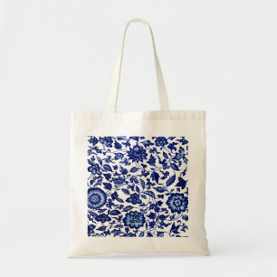 Chinees Donker marine blauw bloemmotief op wit Tote Bag