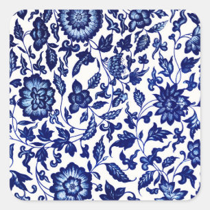 Chinees Donker marine blauw bloemmotief op wit Vierkante Sticker
