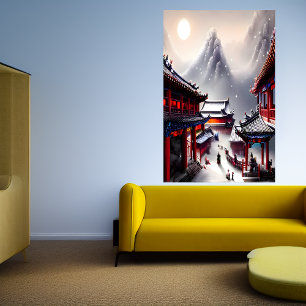 Chinees dorp de sneeuwberg   AI Art. Poster