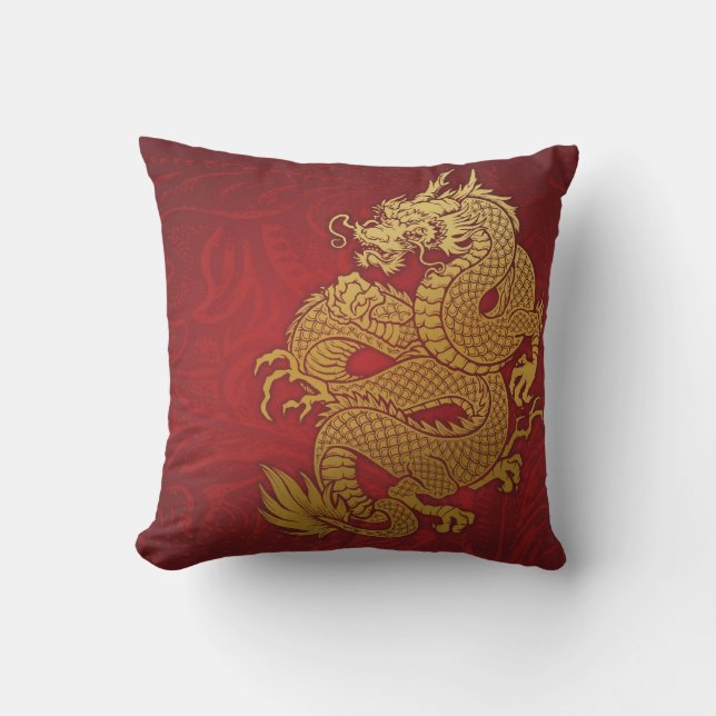 Chinees Dragon Gold en Red Kussen (Voorkant)