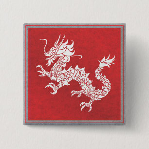  Chinees Dragon Tribal Embleem Rood Vierkante Button 5,1 Cm