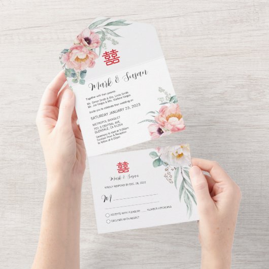 Chinees Dubbelgeluk in één bruiloft All In One Uitnodiging (Afscheurbaar)