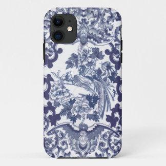 Chinees geïnspireerd blauw patroon met vogeltegel iPhone 11 hoesje