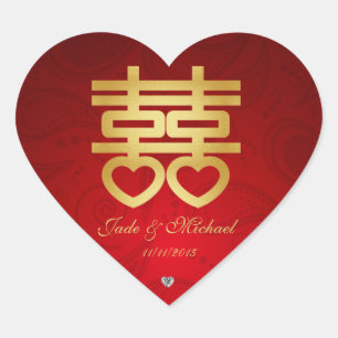 Chinees "hart" dubbel geluk met diamanten hart sticker