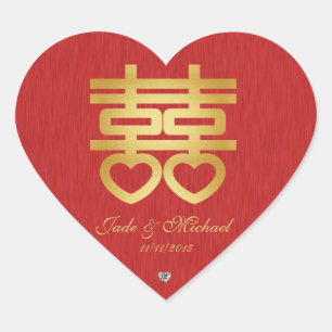 Chinees "Hart" Dubbel Geluk w / diamanten Hart Sticker