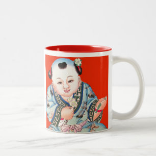 Chinees lachen om goed Luck Buddha op rood Tweekleurige Koffiemok