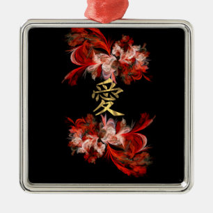 Chinees liefdessymbool op rode fractaal metalen ornament
