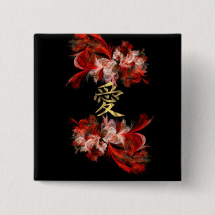 Chinees liefdesymbool op rode fractal vierkante button 5,1 cm