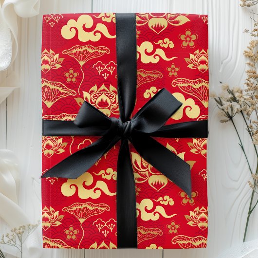 Chinees Lotus Oriental Asian Red Floral Pattern Cadeaupapier