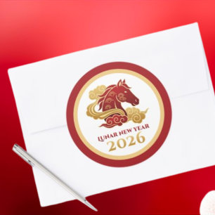 Chinees Maans Nieuwjaar 2026 Paard Rood en Goud Ronde Sticker