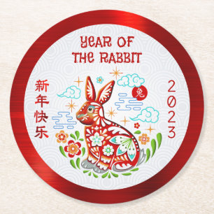 Chinees nieuwjaar 2023 Papercut Rabbit Red Folie Ronde Kartonnen Onderzetter