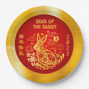 Chinees nieuwjaar 2023 Rabbit Gold Foil Red Modern Papieren Bordje