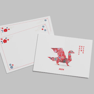 Chinees Nieuwjaar 2024 Rode Origami Draak  Notitiekaartje