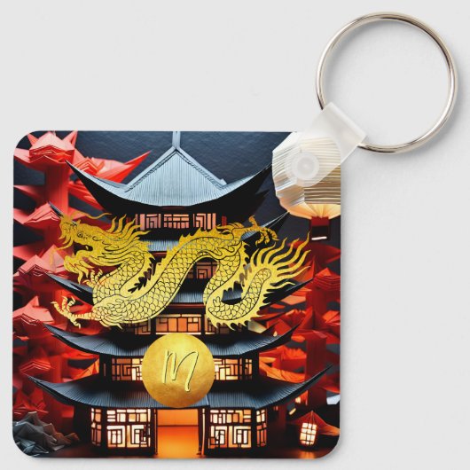 Chinees Nieuwjaar Dragon 2024 Tempel Monogram SqK Sleutelhanger (Achterkant)