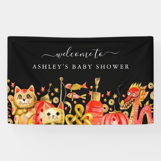 Chinees nieuwjaar | Dragon & Lucky Cat Welkom Spandoek (Horizontaal)