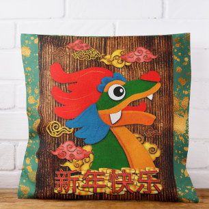 Chinees Nieuwjaar Dragon Wood Emerald Groen Goud Kussen