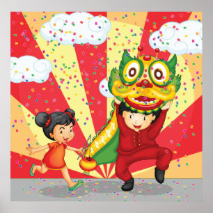 Chinees Nieuwjaar Kinderen Leeuwendans en Lantaarn Poster