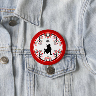 Chinees nieuwjaar Ox met rode bloesems Ronde Button 7,6 Cm