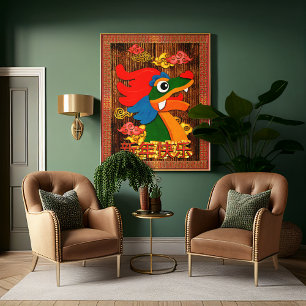 Chinees Nieuwjaar Papercut Draak Hout Rood Goud Perfect Poster