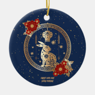 Chinees nieuwjaar van konijn 2023 Blue Gold Floral Keramisch Ornament