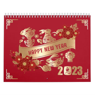 Chinees nieuwjaar van konijn 2023 Red Gold Floral Kalender